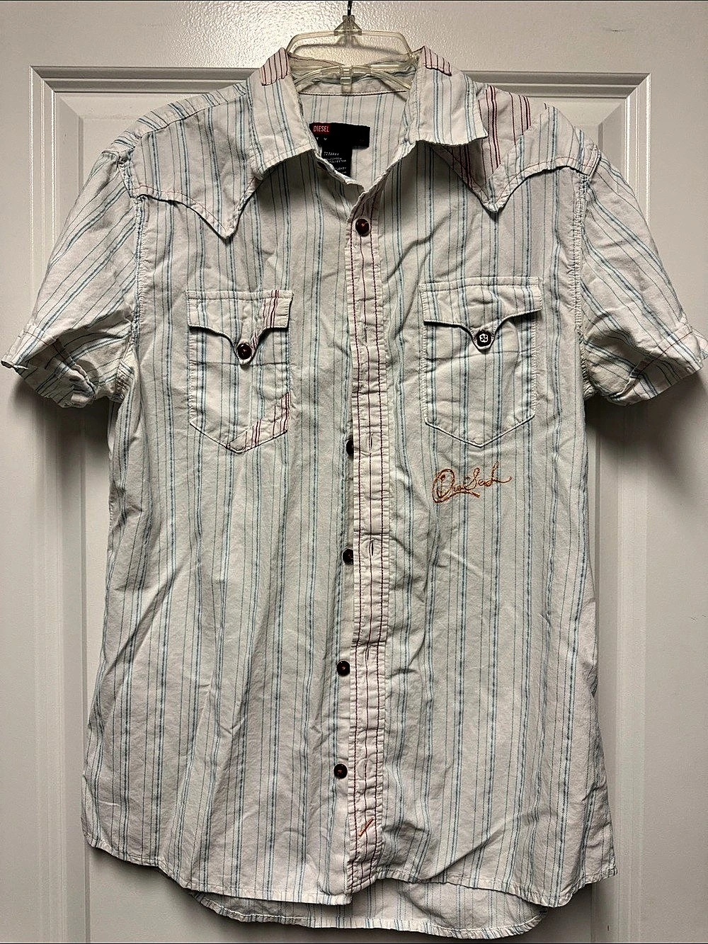 Diesel Striped Western Shirt in White & Blue Size Medium